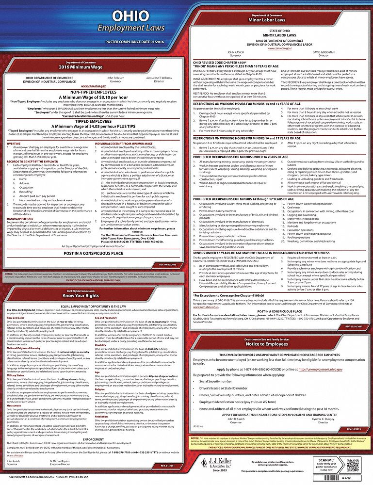 Labor Law Poster: State Labor Law, OH, English, Plastic, 20 in x 24 in, Labor Law