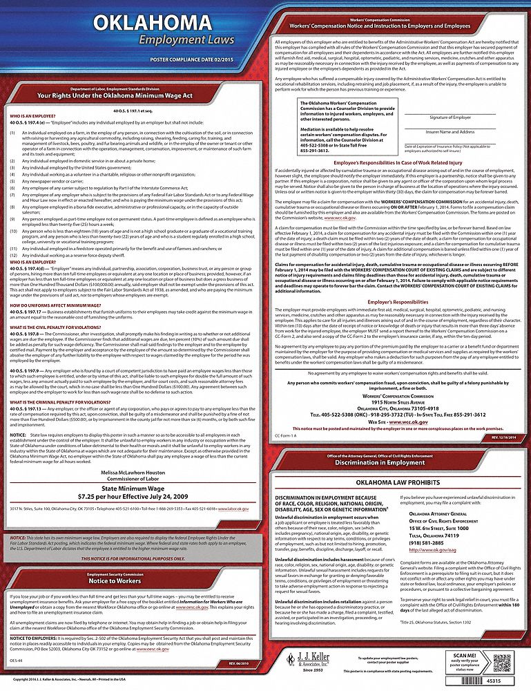 Labor Law Poster: OK, English, Plastic, 20 in x 24 in, State Labor Law, 1 Posters Included