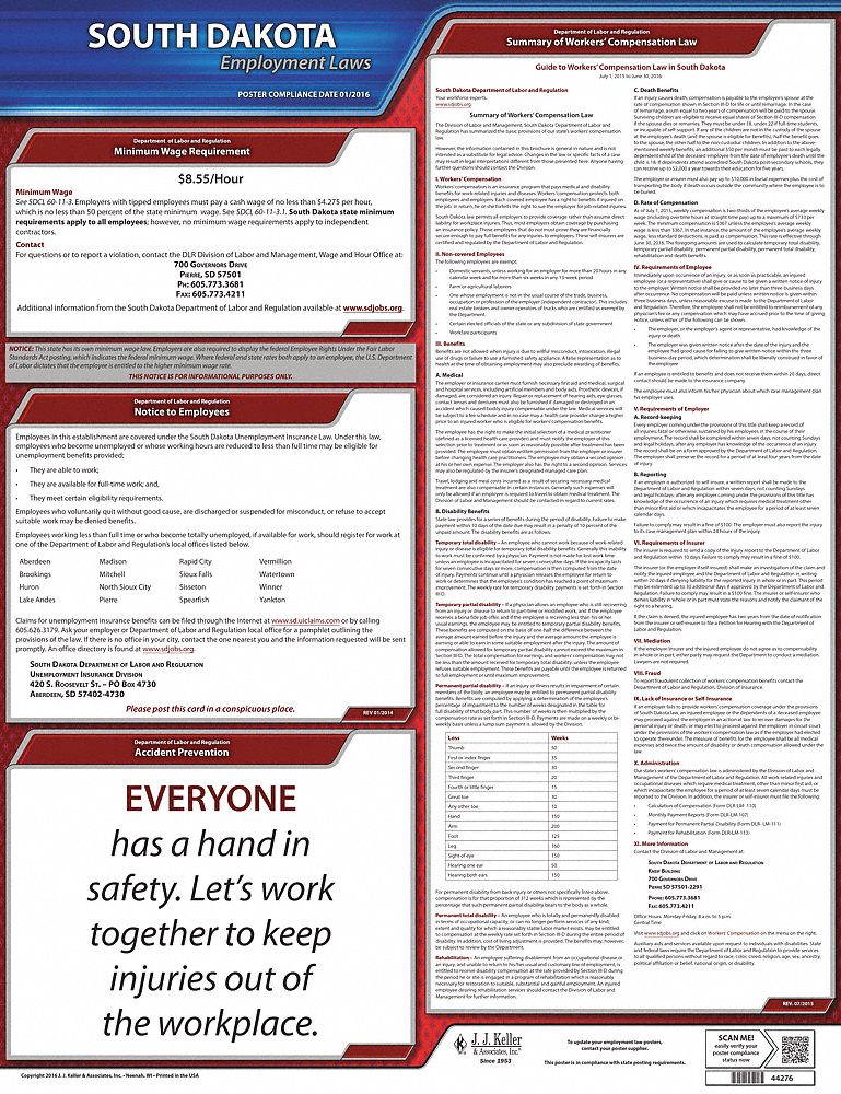 Labor Law Poster: State Labor Law, SD, English, Plastic, 20 in x 24 in, Labor Law