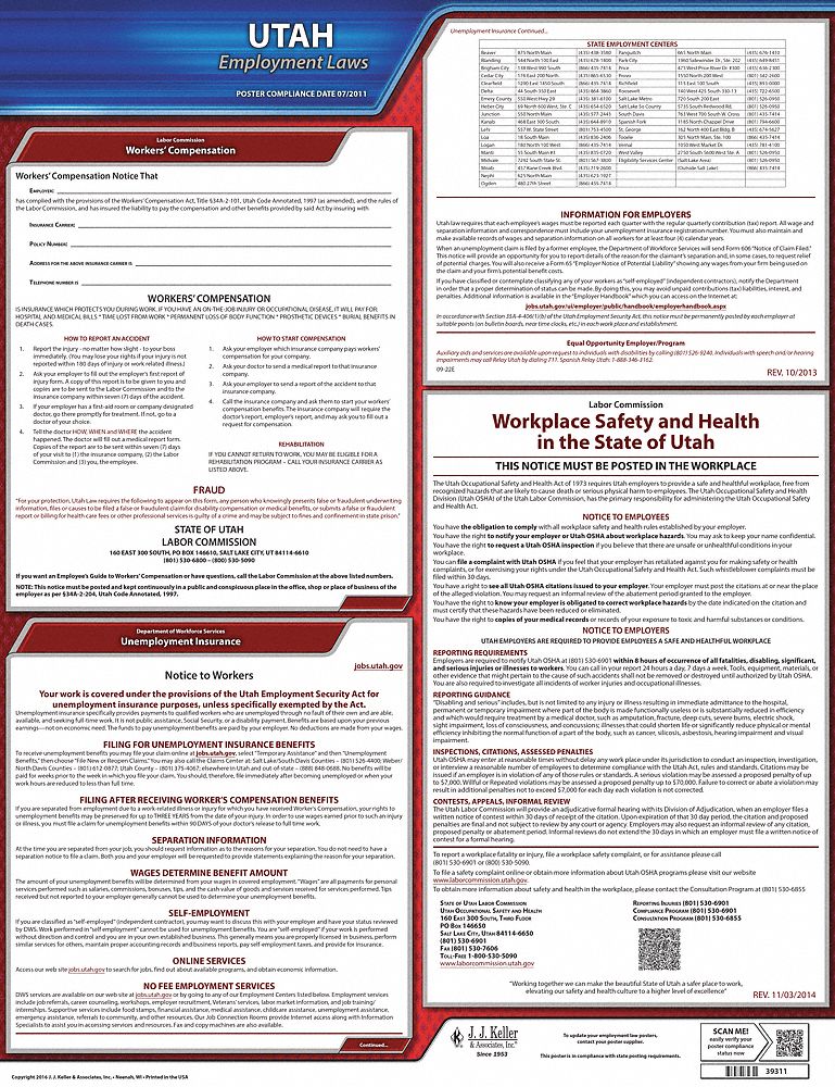 Labor Law Poster: State Labor Law, UT, English, Plastic, 20 in x 24 in, Labor Law