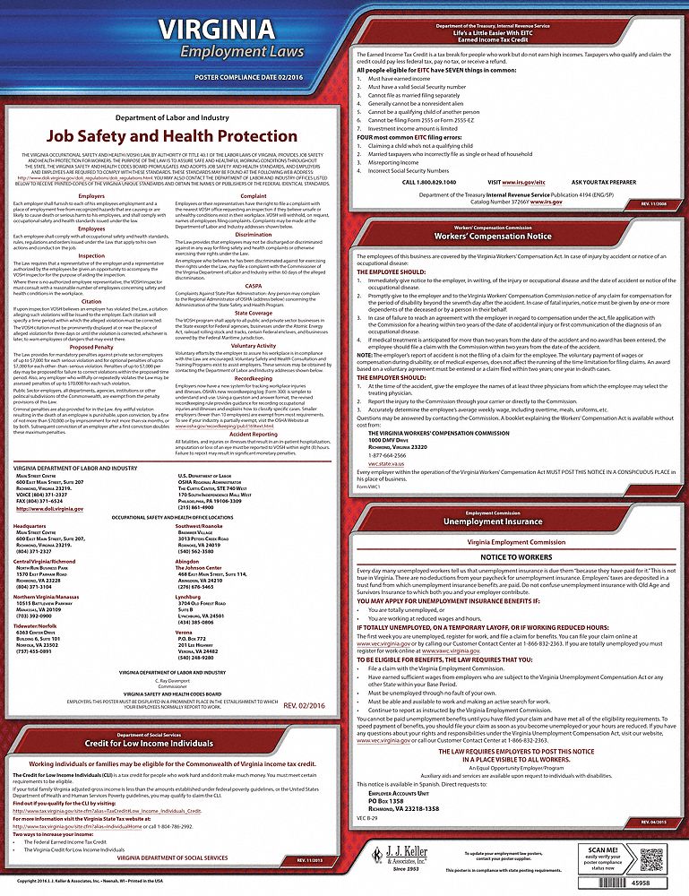 Labor Law Poster: State Labor Law, VA, English, Plastic, 20 in x 24 in, Labor Law
