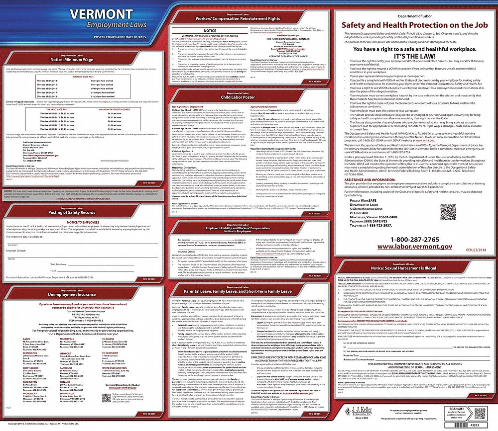 Labor Law Poster: State Labor Law, VT, English, Plastic, 30 in x 24 in, FMLA, Labor Law