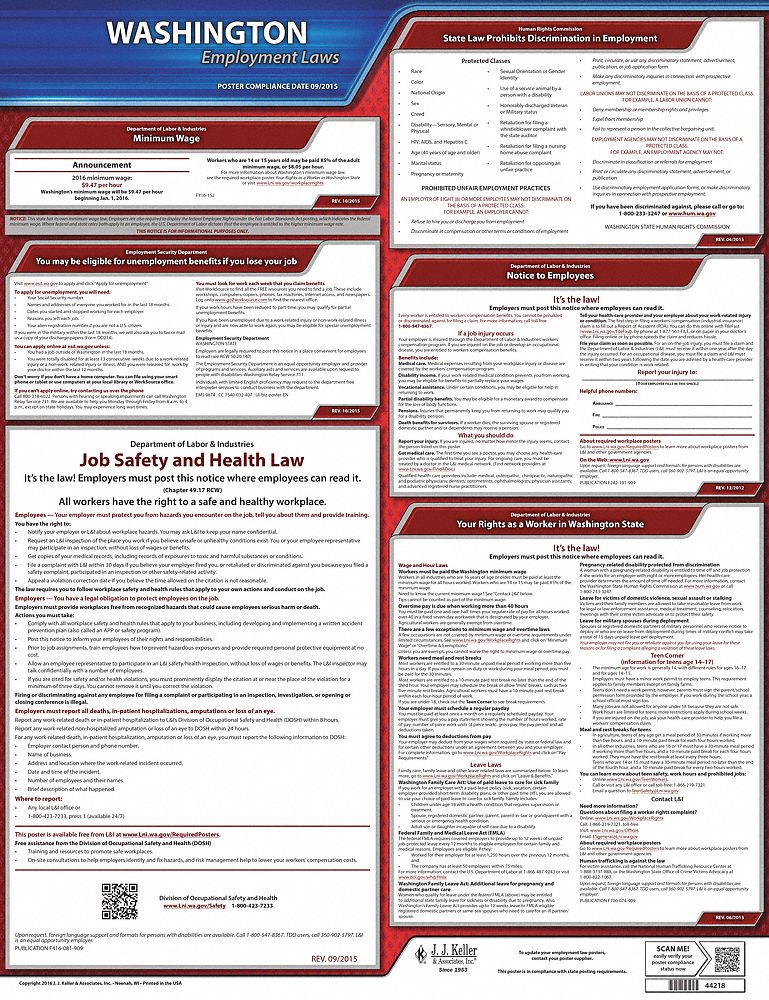 Labor Law Poster: State Labor Law, WA, English, Plastic, 30 in x 24 in, FMLA, Labor Law