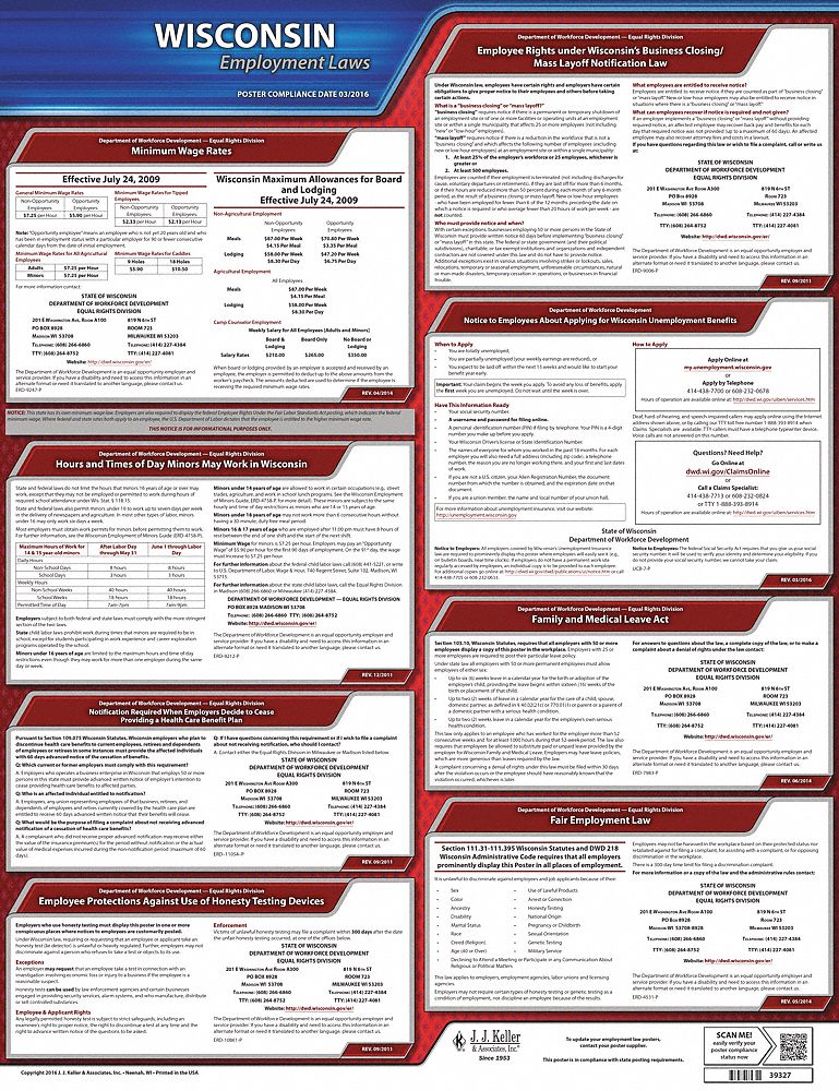Labor Law Poster: State Labor Law, WI, English, Plastic, 20 in x 24 in, FMLA, Labor Law