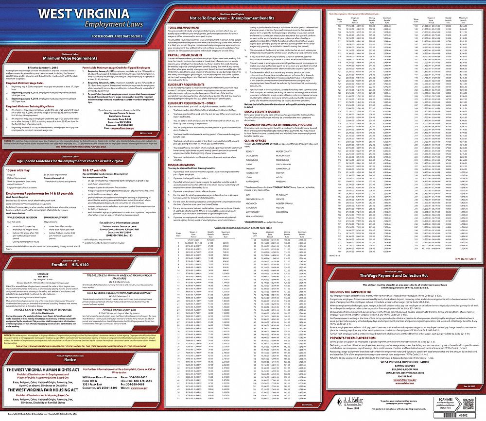 Labor Law Poster: State Labor Law, WV, English, Plastic, 30 in x 24 in, Labor Law