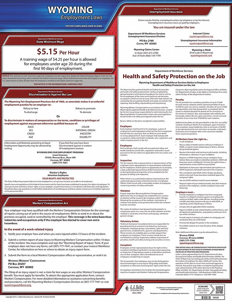Labor Law Poster: WY, English, Plastic, 20 in x 24 in, State Labor Law, 1 Posters Included