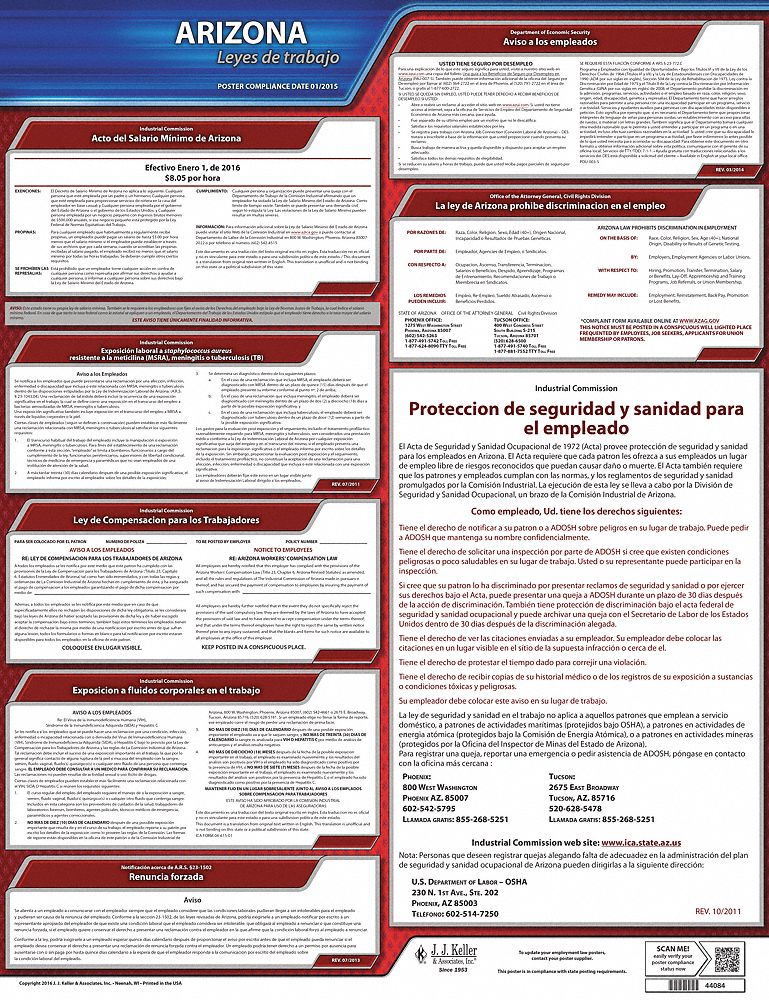 Labor Law Poster: State Labor Law, AZ, Spanish, Plastic, 20 in x 24 in, Labor Law