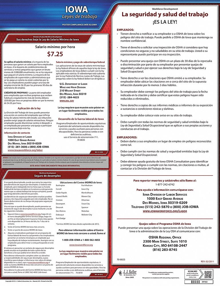 Labor Law Poster: State Labor Law, IA, Spanish, Plastic, 20 in x 24 in, Labor Law