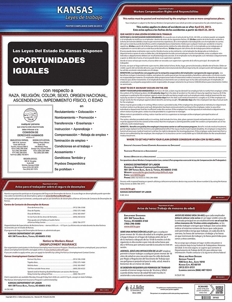 Labor Law Poster: State Labor Law, KS, Spanish, Plastic, 20 in x 24 in, Labor Law