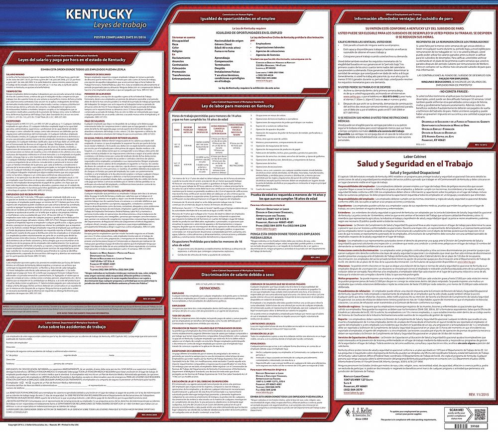 Labor Law Poster: State Labor Law, KY, Spanish, Plastic, 30 in x 24 in, Labor Law