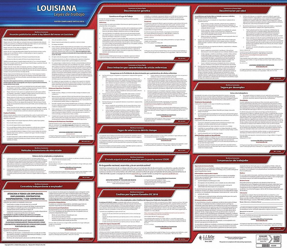 Labor Law Poster: State Labor Law, LA, Spanish, Plastic, 30 in x 24 in, Labor Law