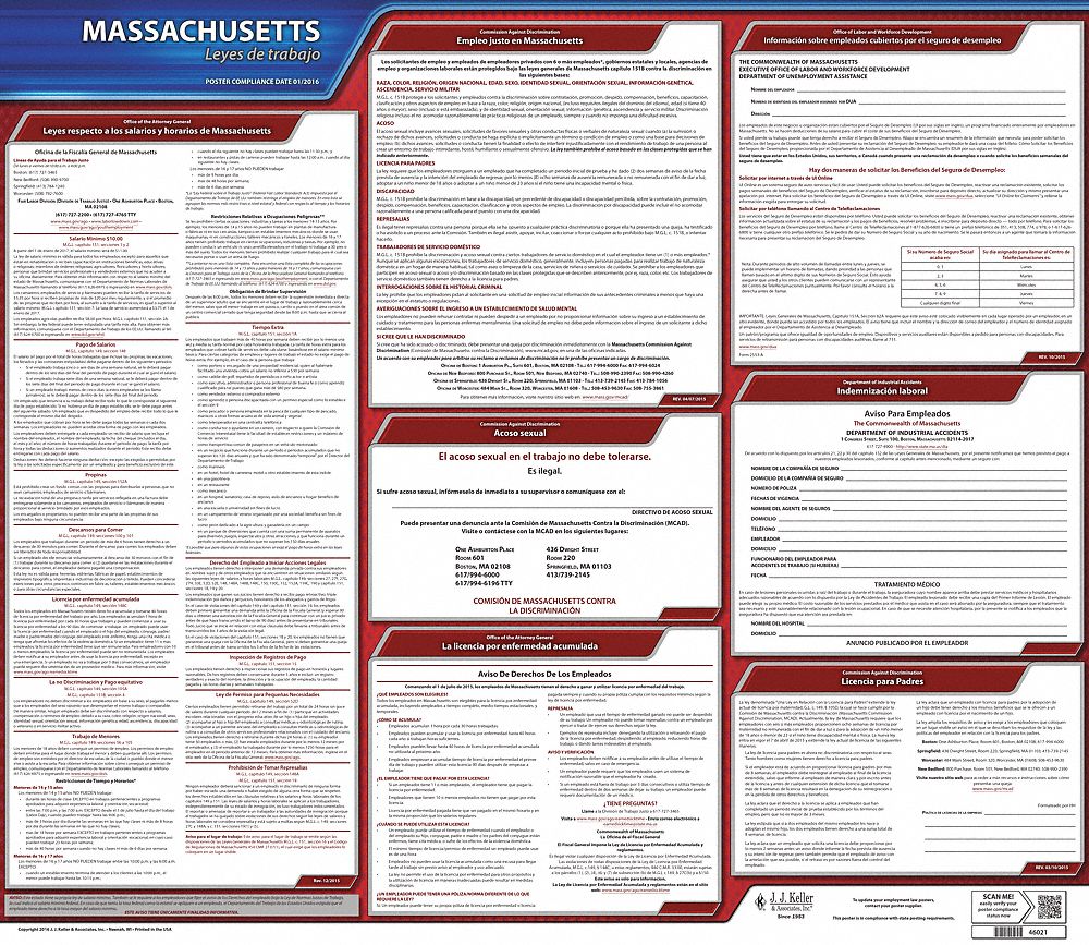 Labor Law Poster: State Labor Law, MA, Spanish, Plastic, 30 in x 24 in, Labor Law