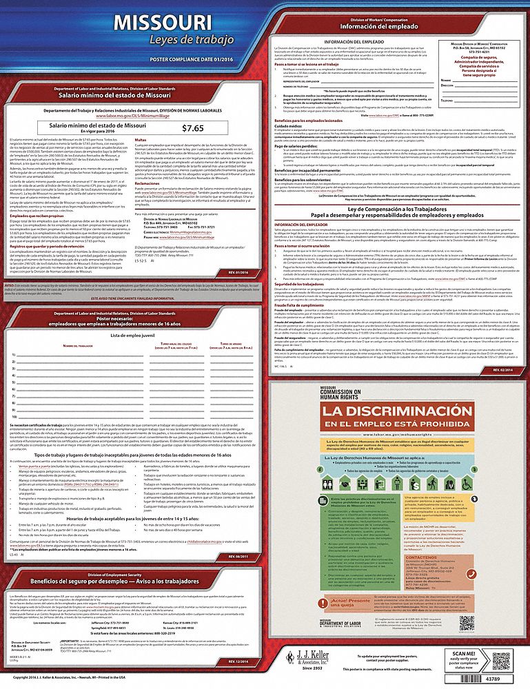 Labor Law Poster: State Labor Law, MO, Spanish, Plastic, 20 in x 24 in, Labor Law