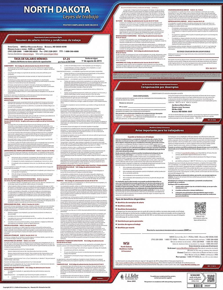 Labor Law Poster: State Labor Law, ND, Spanish, Plastic, 20 in x 24 in, Labor Law