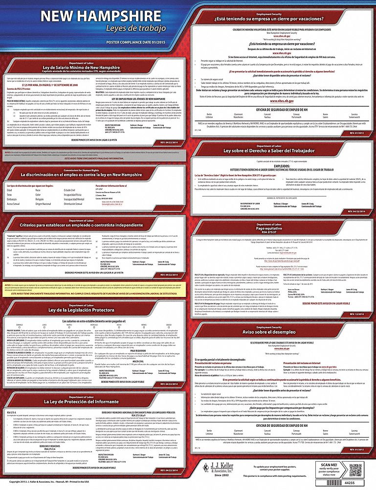 Labor Law Poster: State Labor Law, NH, Spanish, Plastic, 20 in x 24 in, Labor Law
