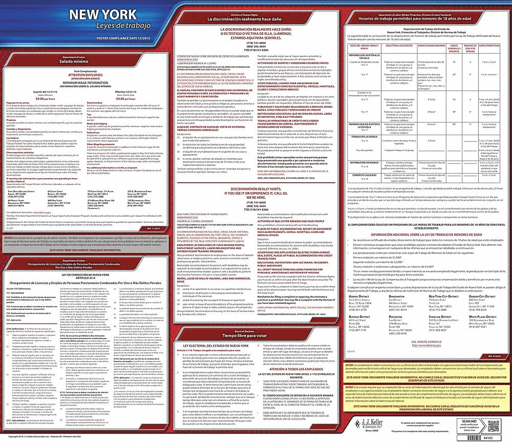 Labor Law Poster: NY, Spanish, Plastic, 30 in x 24 in, State Labor Law, 1 Posters Included