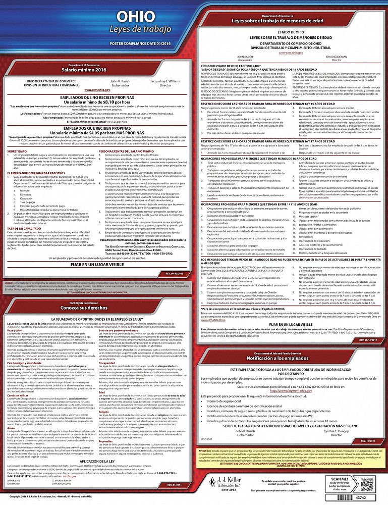 Labor Law Poster: State Labor Law, OH, Spanish, Plastic, 20 in x 24 in, Labor Law