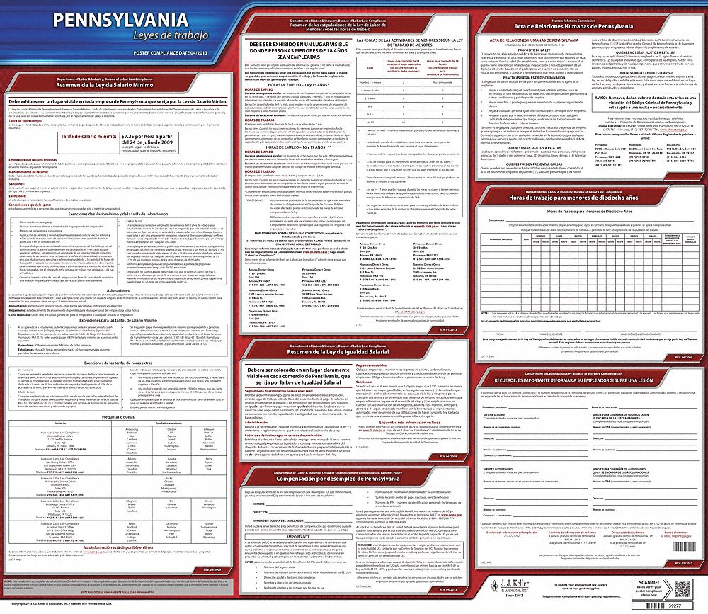 Labor Law Poster: State Labor Law, PA, Spanish, Plastic, 30 in x 24 in, Labor Law