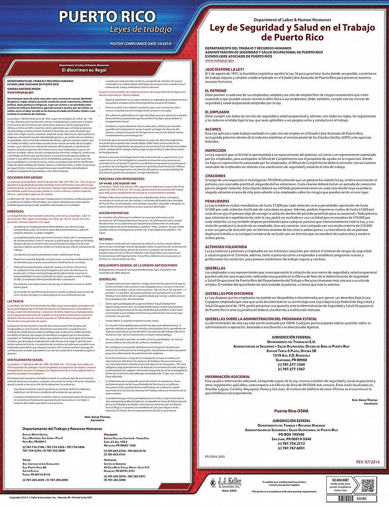 Labor Law Poster: State Labor Law, PR, Spanish, Plastic, 40 in x 24 in, Labor Law, 1 PR