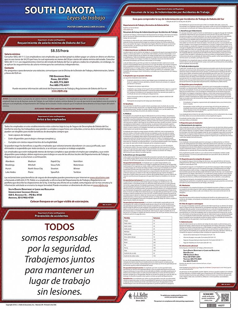 Labor Law Poster: State Labor Law, SD, Spanish, Plastic, 20 in x 24 in, Labor Law