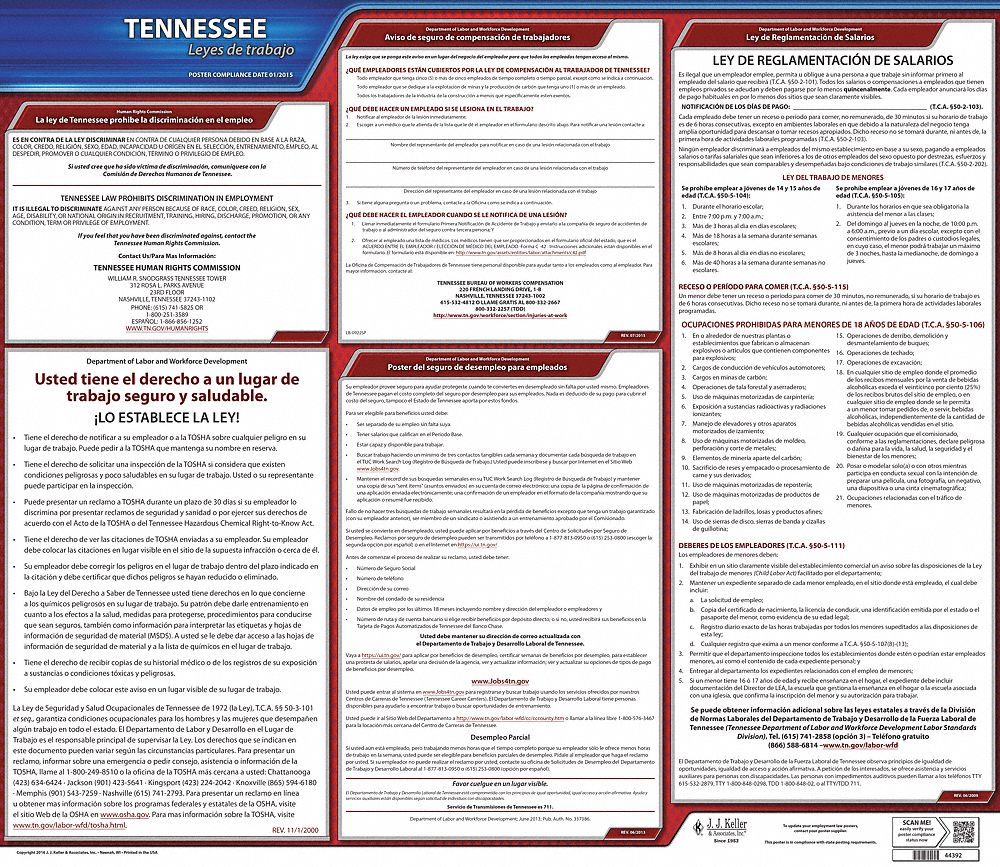 Labor Law Poster: State Labor Law, TN, Spanish, Plastic, 30 in x 24 in, Labor Law