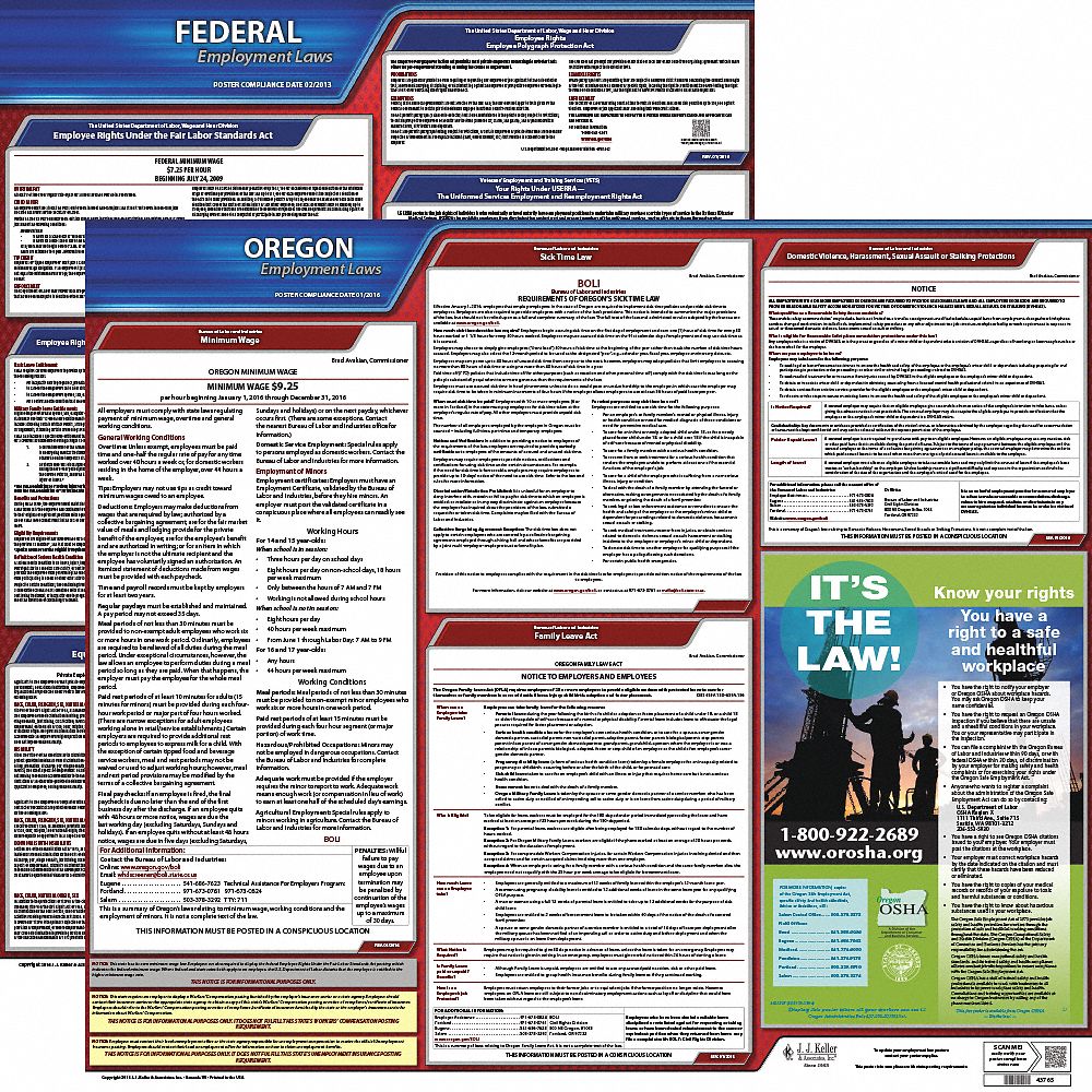 Labor Law Poster Set: OR, English, Plastic, 19 in x 27 in, FMLA, FMLA Notice Included