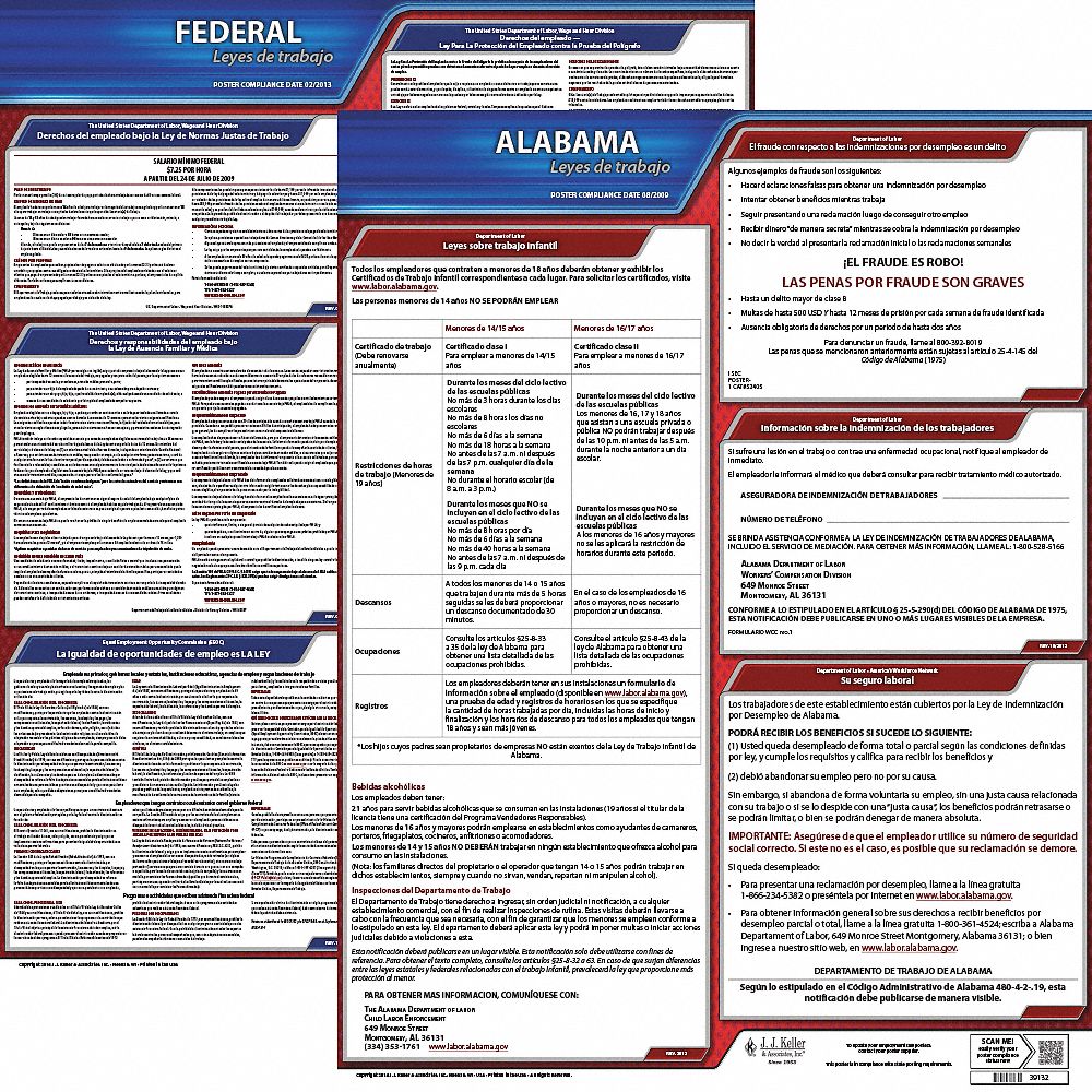 Labor Law Poster: AL, Spanish, Plastic, 20 in x 24 in, Federal and State Labor Law