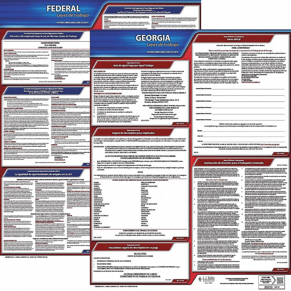 Labor Law Poster Kit: Federal and State Labor Law, GA, Spanish, Plastic, 19 in x 27 in