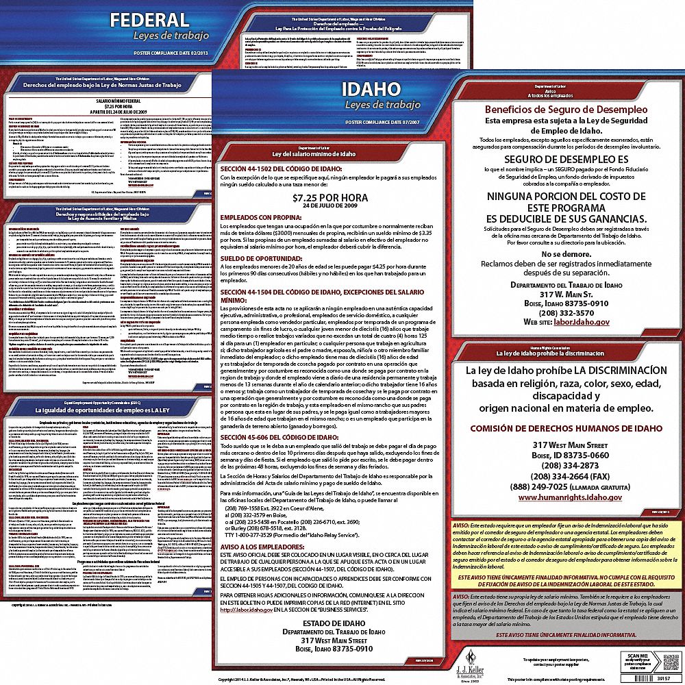 Labor Law Poster Kit: Federal and State Labor Law, ID, Spanish, Plastic, 19 in x 27 in