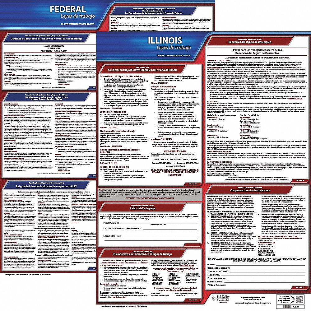 Labor Law Poster Set: IL, Spanish, Plastic, 19 in x 27 in, FMLA, FMLA Notice Included