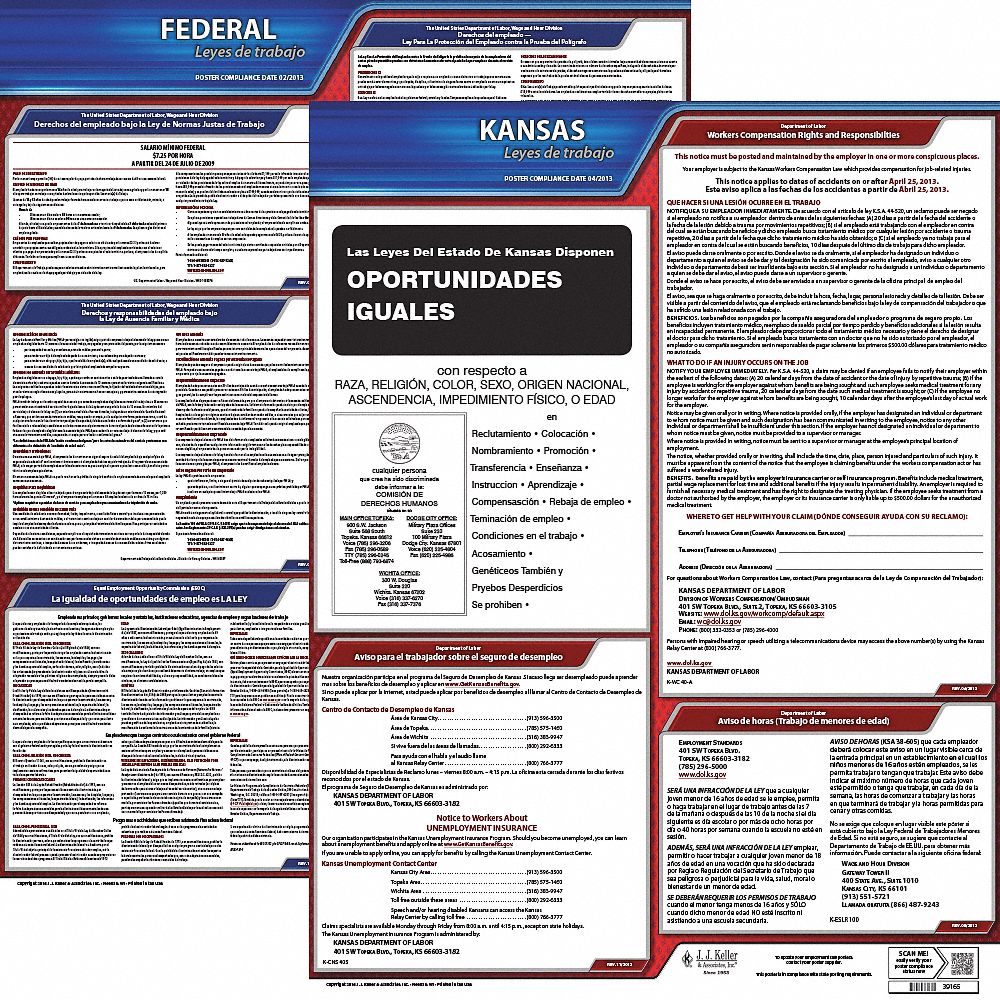 Labor Law Poster Kit: Federal and State Labor Law, KS, Spanish, Plastic, 19 in x 27 in