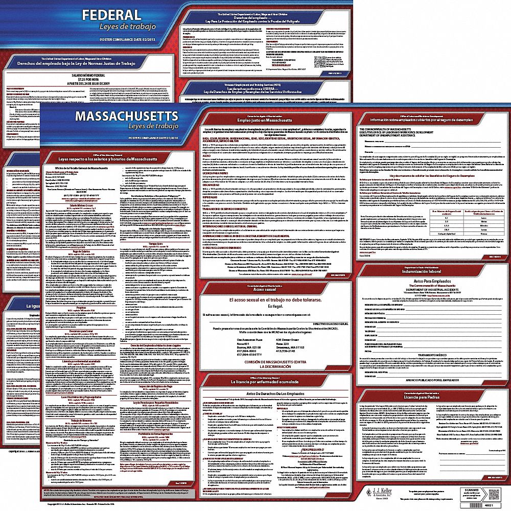 Labor Law Poster Kit: Federal and State Labor Law, MA, Spanish, Plastic, 27 in x 27 in