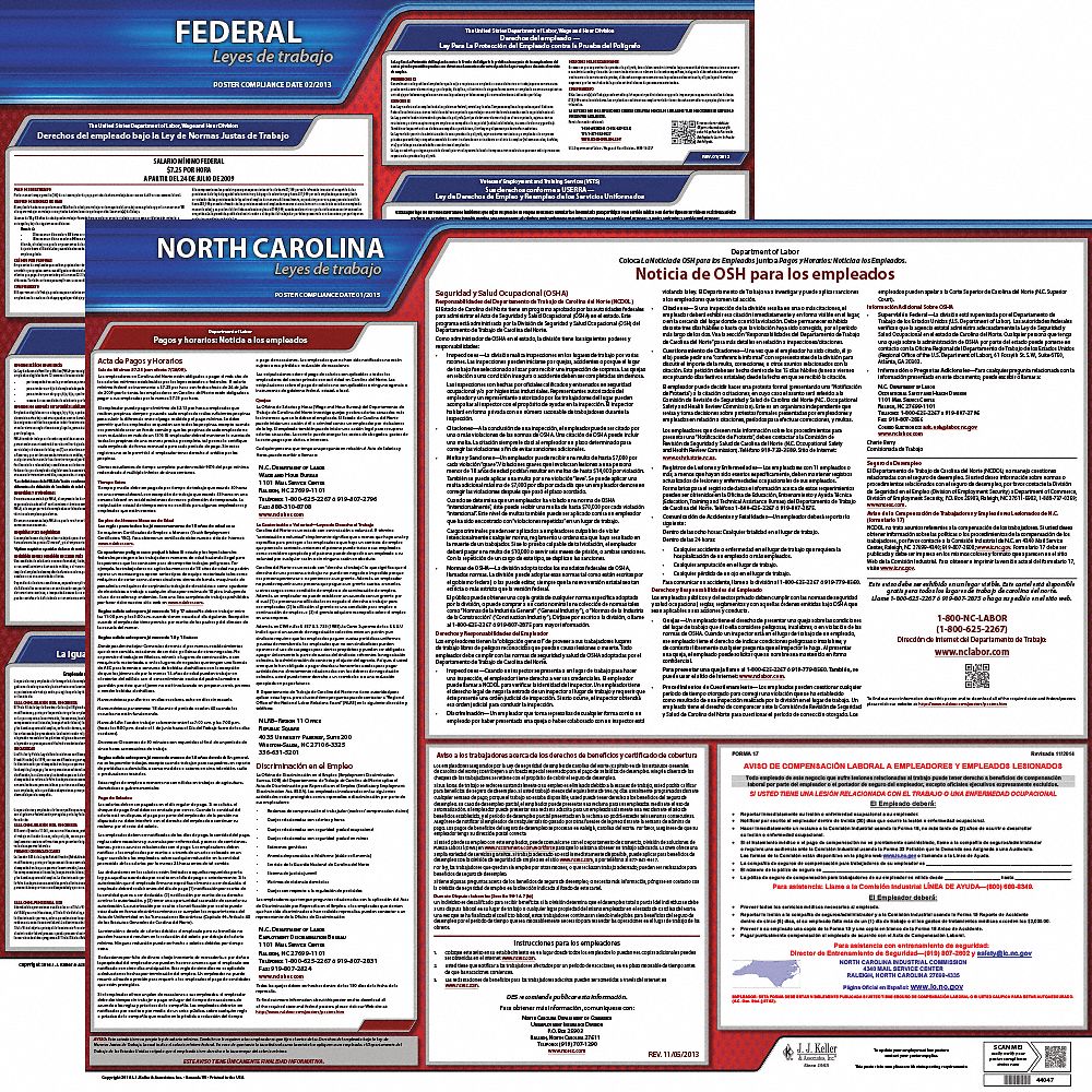 Labor Law Poster Set: NC, Spanish, Plastic, 19 in x 27 in, FMLA, FMLA Notice Included