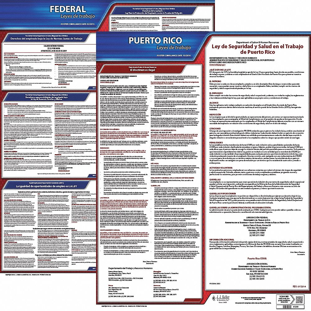 Labor Law Poster Set: PR, Spanish, Plastic, 19 in x 27 in, FMLA, FMLA Notice Included