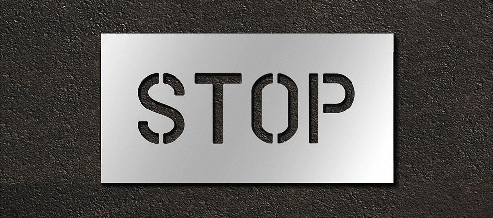 Individual Stencil: Stop, 0.063 in Thick, 12 in Overall Ht, 25 in Overall Wd, Highway Gothic