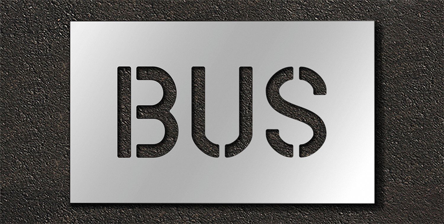 Individual Stencil: Bus, 0.063 in Thick, 12 in Overall Ht, 20 in Overall Wd, Highway Gothic, Message