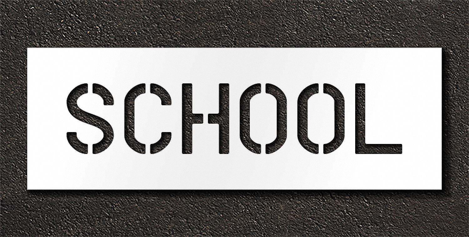 Individual Stencil: School, 0.063 in Thick, 12 in Overall Ht, 30 in Overall Wd, Highway Gothic