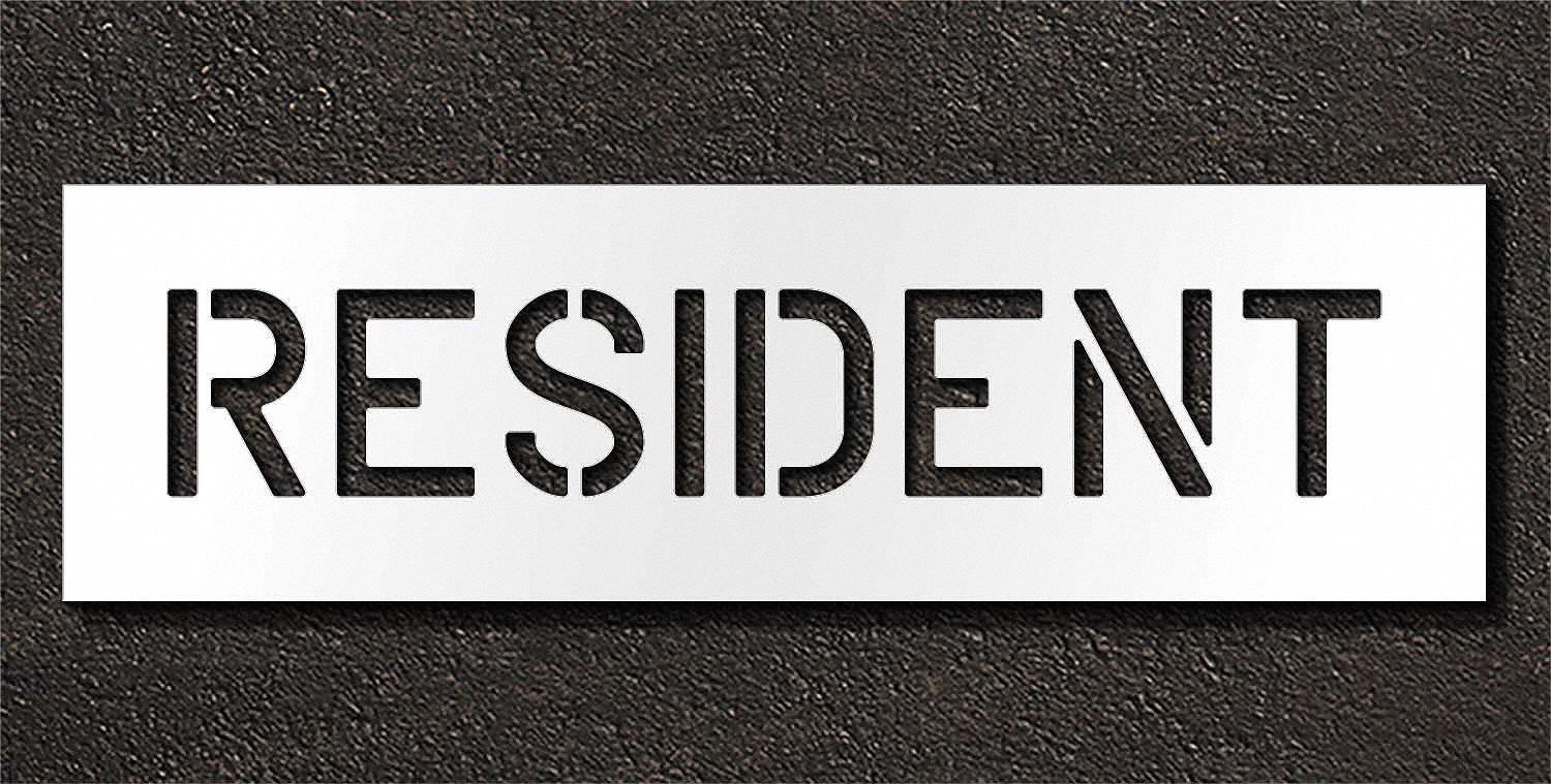 Individual Stencil: Resident, 0.063 in Thick, 12 in Overall Ht, 44 in Overall Wd, Highway Gothic