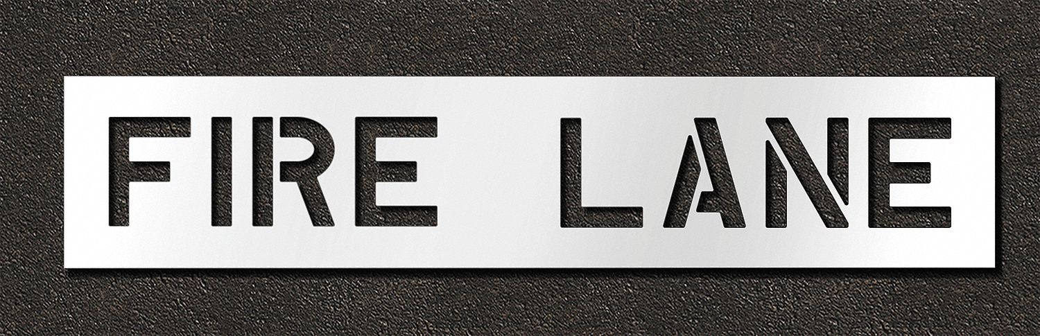 Individual Stencil: Fire Lane, 0.063 in Thick, 14 in Overall Ht, 68 in Overall Wd, Highway Gothic