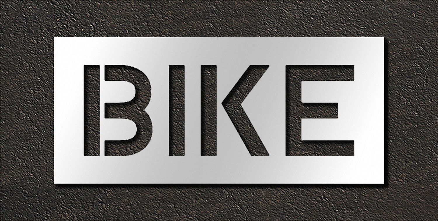 Individual Stencil: Bike, 0.063 in Thick, 16 in Overall Ht, 36 in Overall Wd, Highway Gothic