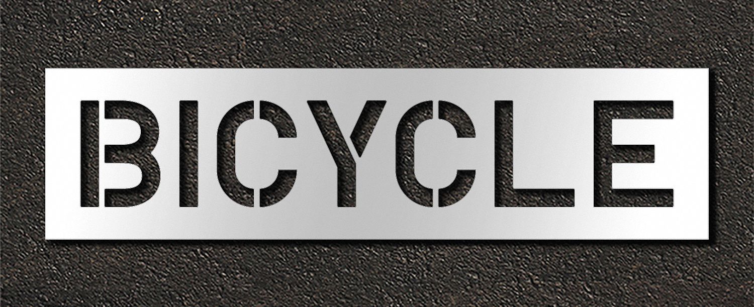 Individual Stencil: Bicycles, 0.063 in Thick, 16 in Overall Ht, 62 in Overall Wd, Highway Gothic