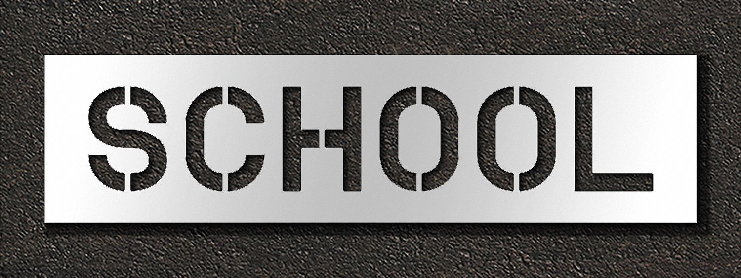 Individual Stencil: School, 0.063 in Thick, 16 in Overall Ht, 62 in Overall Wd, Highway Gothic