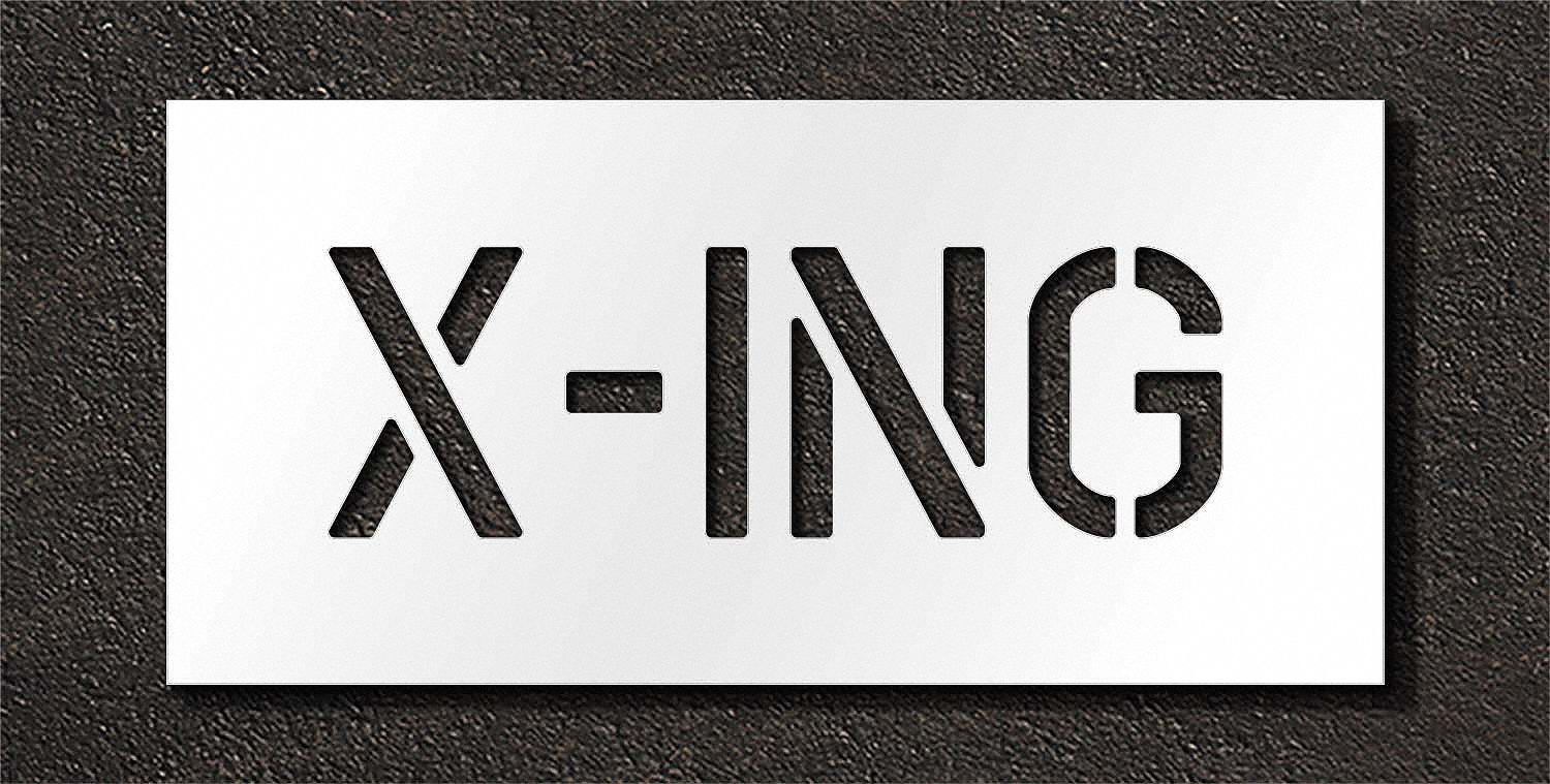 Individual Stencil: X-Ing, 0.063 in Thick, 16 in Overall Ht, 43 in Overall Wd, Highway Gothic