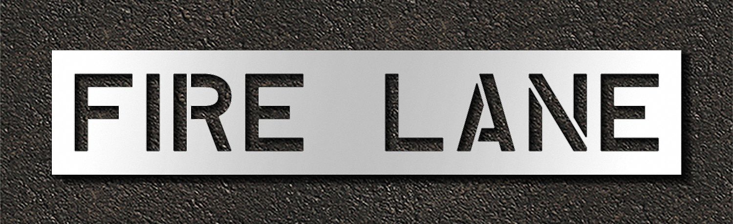 Individual Stencil: Fire Lane, 0.063 in Thick, 16 in Overall Ht, 81 in Overall Wd, Highway Gothic
