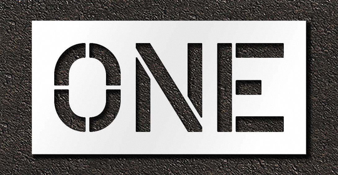 Individual Stencil: One, 0.063 in Thick, 18 in Overall Ht, 37 in Overall Wd, Highway Gothic, Message