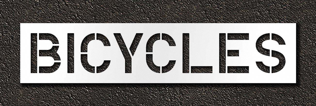 Individual Stencil: Bicycles, 0.063 in Thick, 18 in Overall Ht, 83 in Overall Wd, Highway Gothic