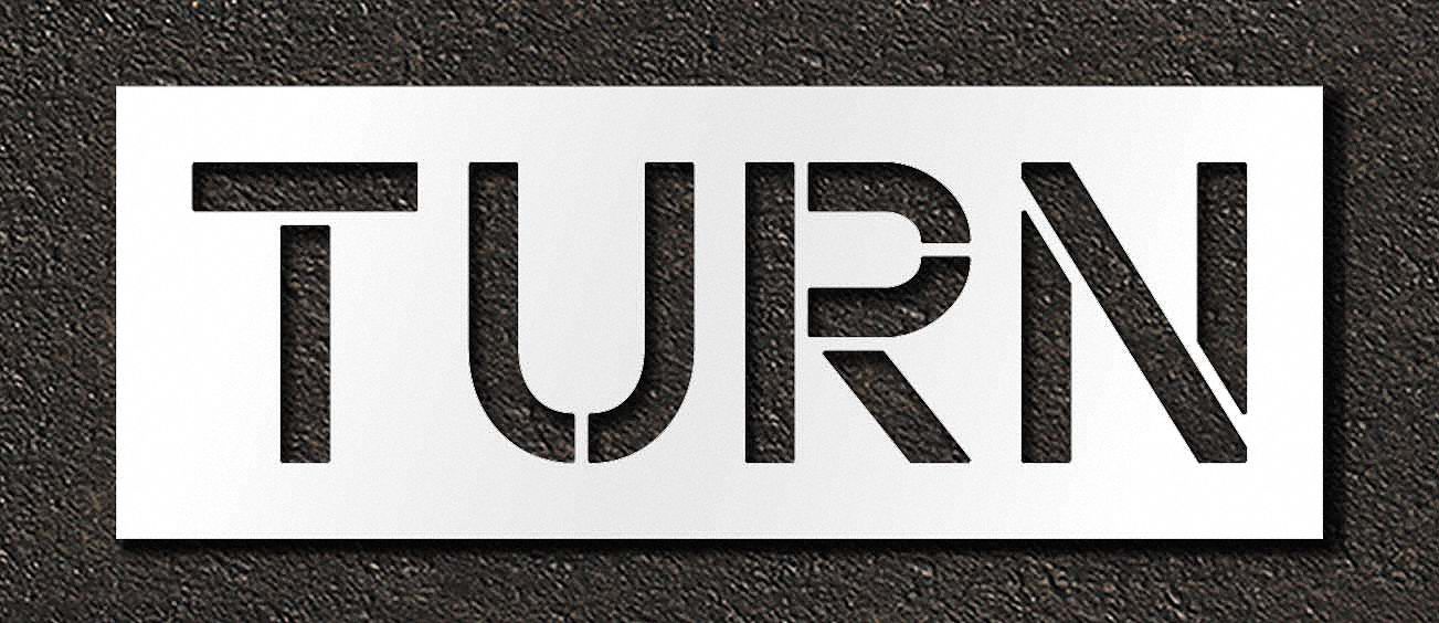 Individual Stencil: Turn, 0.063 in Thick, 18 in Overall Ht, 48 in Overall Wd, Highway Gothic