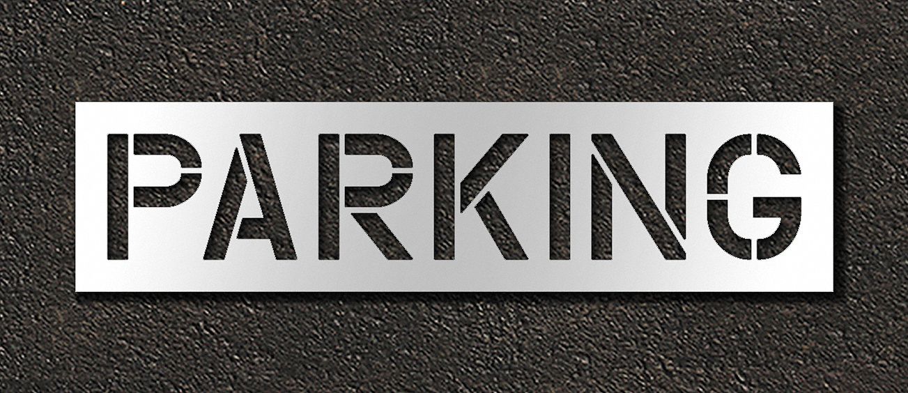 Individual Stencil: Parking, 0.06 in Thick, 18 in Overall Ht, 72 in Overall Wd, Highway Gothic