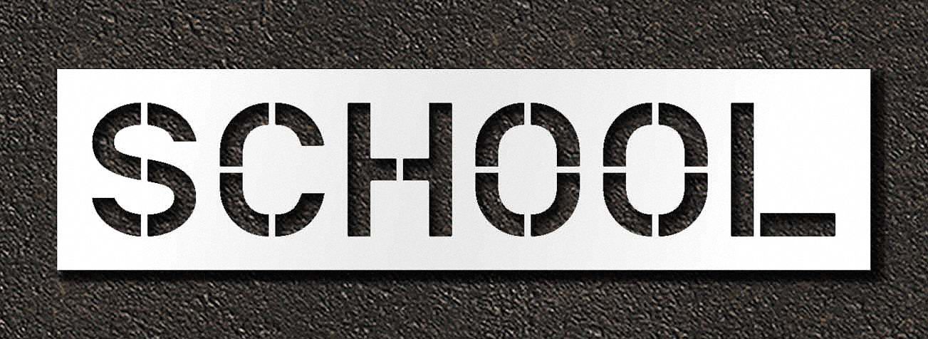 Individual Stencil: School, 0.06 in Thick, 18 in Overall Ht, 70 in Overall Wd, Highway Gothic