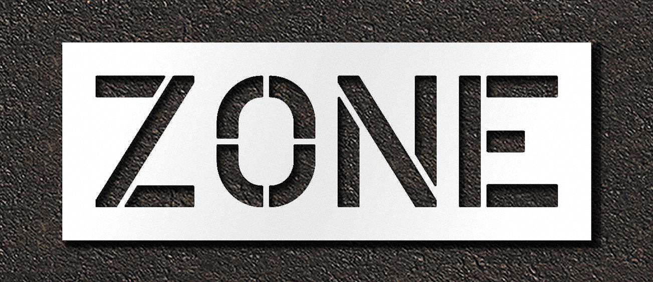 Individual Stencil: Zone, 0.06 in Thick, 18 in Overall Ht, 48 in Overall Wd, Highway Gothic, Message